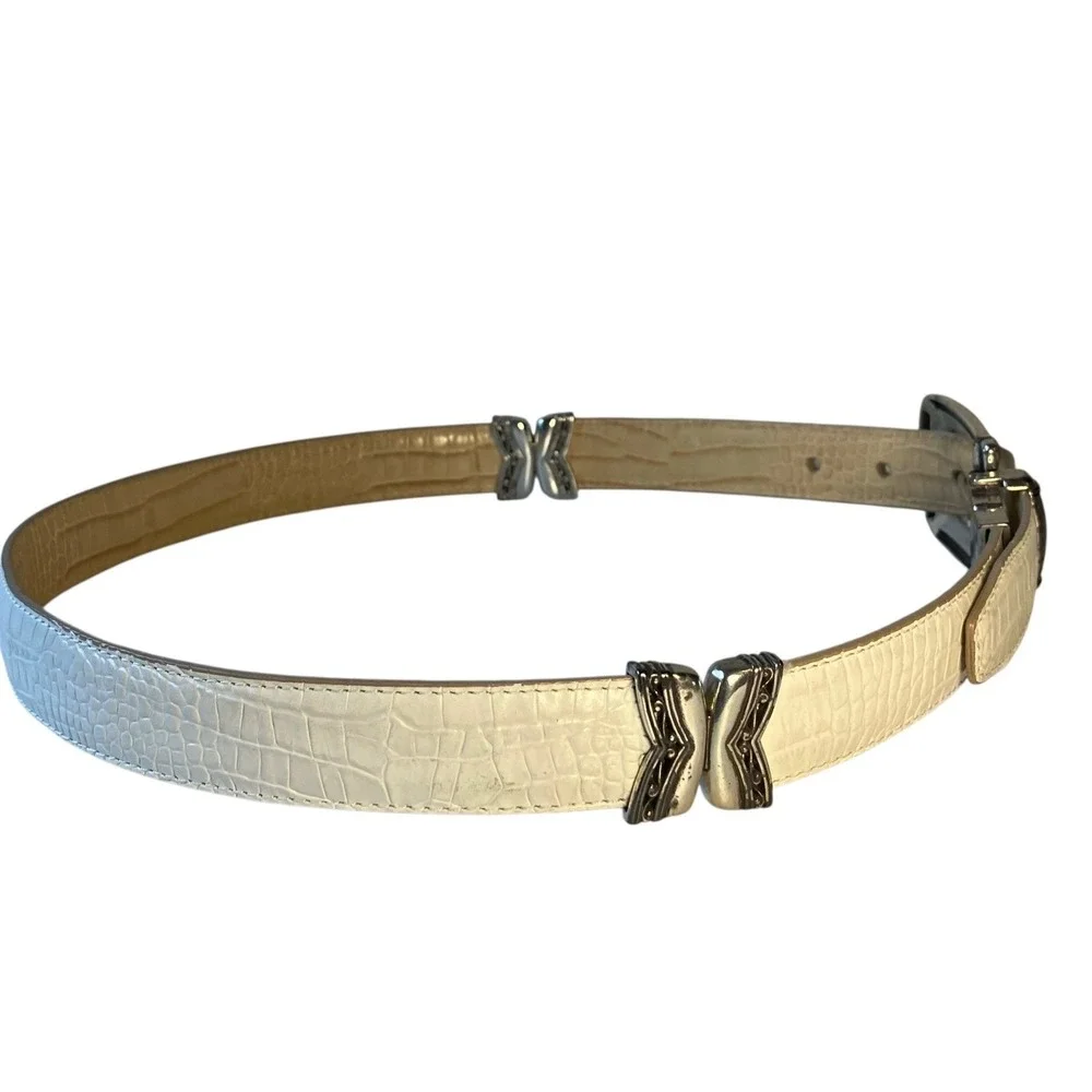 Brighton Reversible Croc‎ Embossed Leather Belt Tan White Silver Buckle M 30